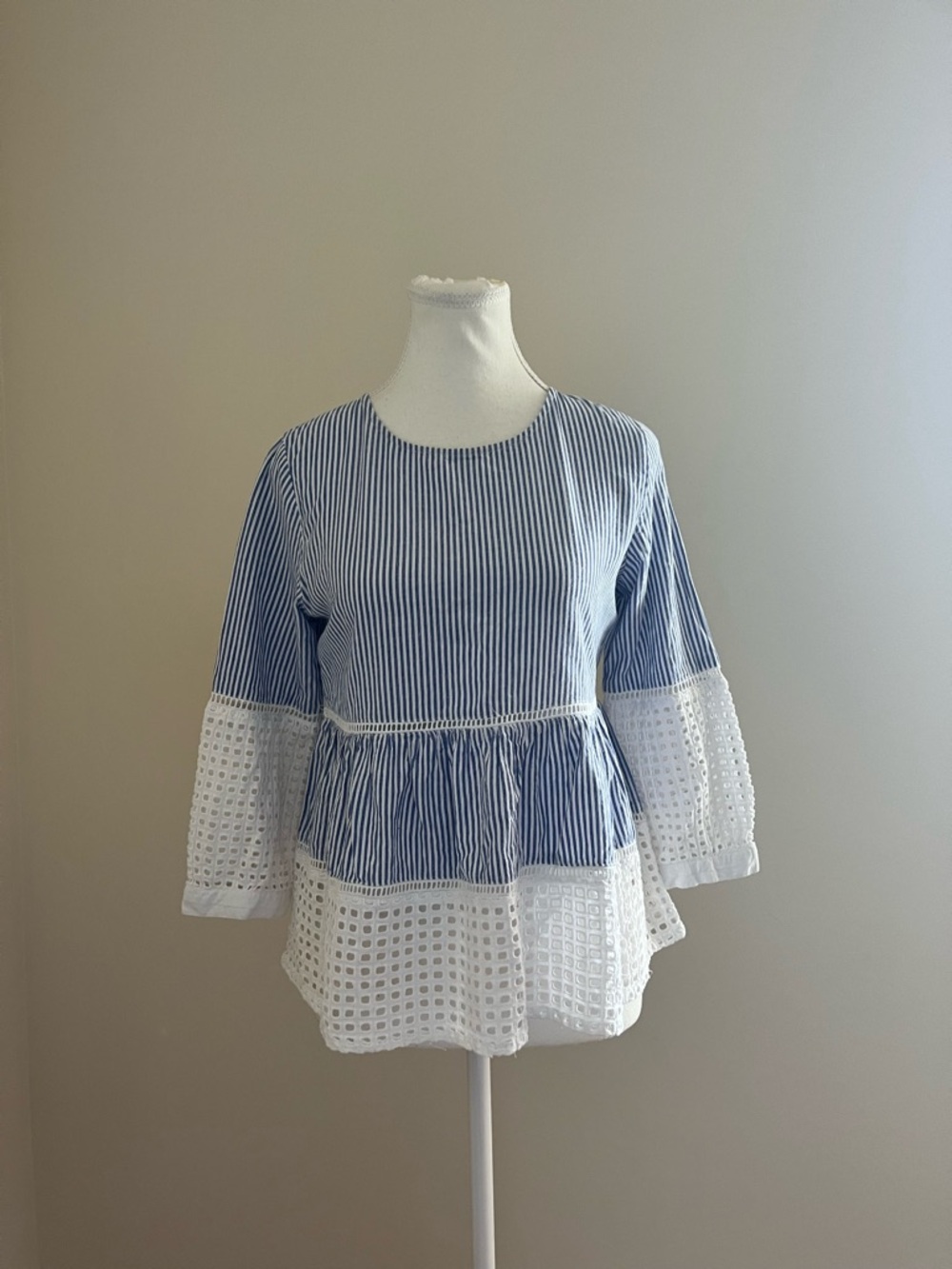 Japna Blue and White Striped Eyelet Peplum Tunic